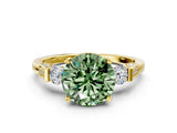 Yellow gold Fancy Green Round Cut Brilliant Three-Stone Pave Band with Four-Prong Setting