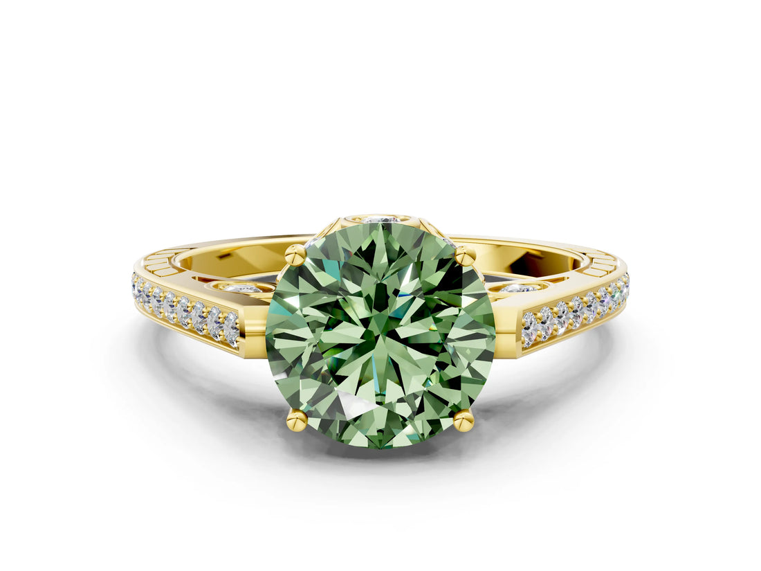 Yellow gold Fancy Green Round  Cut Cathedral Pave Diamond Engagement Ring with Six-Prong Setting_33