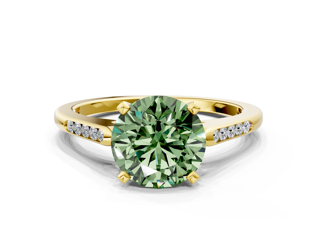 Yellow gold Fancy Green Round  Cut Channel Set Solitaire Engagement Ring with Four-Prong Setting_231