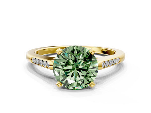 Yellow gold Fancy Green Round  Cut Channel Set Solitaire Engagement Ring with Four-Prong Setting