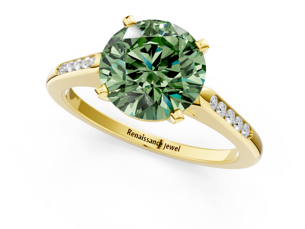 Yellow gold Fancy Green Round  Cut Channel Set Solitaire Engagement Ring with Four-Prong Setting