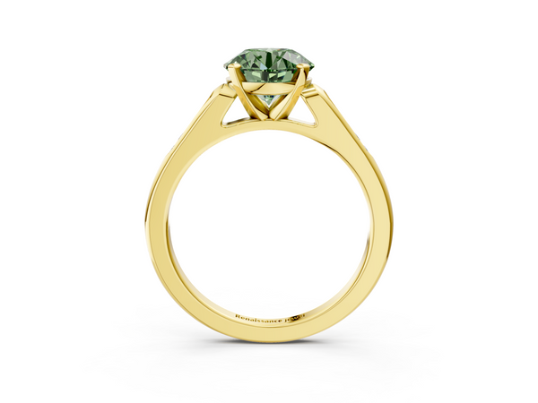 Yellow gold Fancy Green Round  Cut Channel Set Solitaire Engagement Ring with Four-Prong Setting