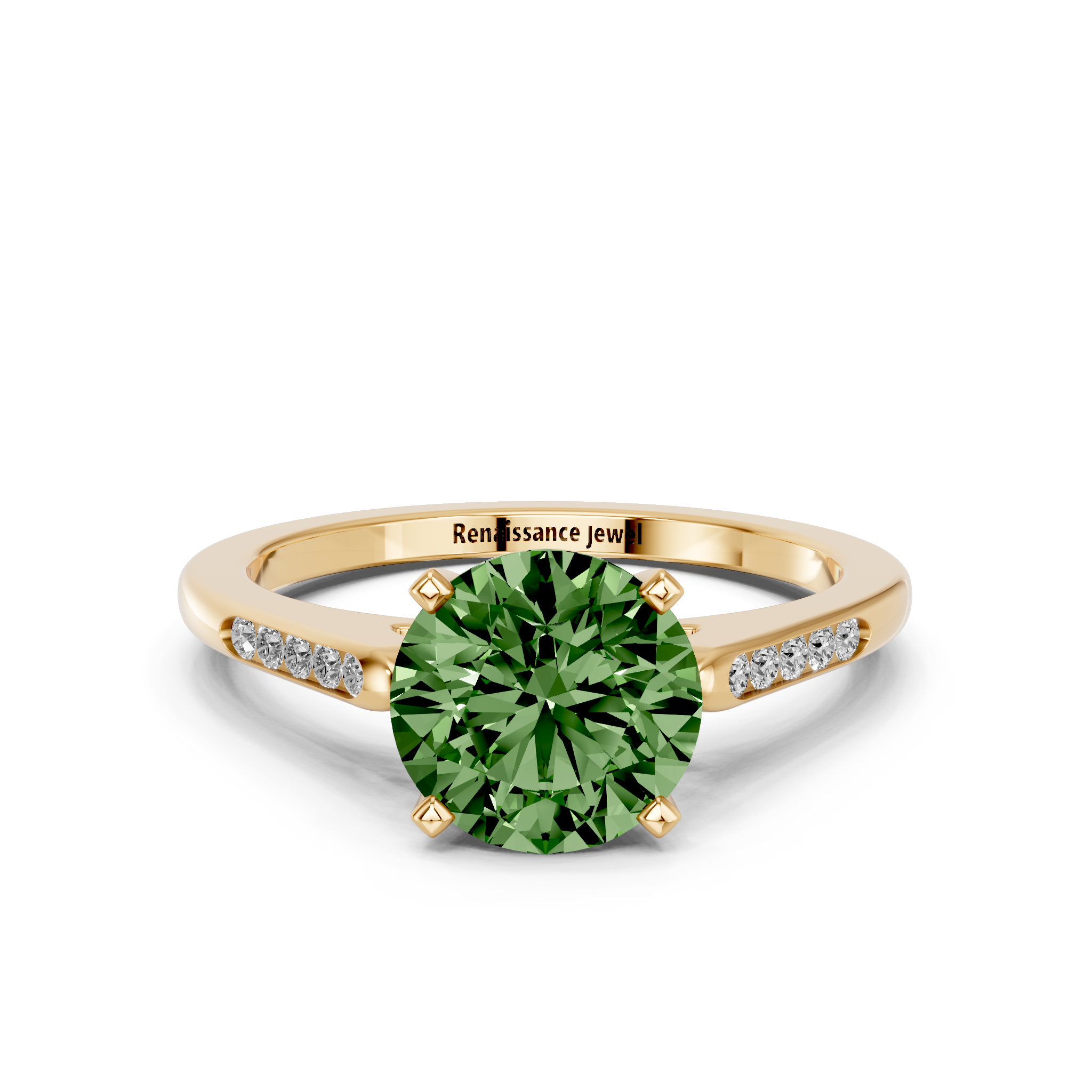 Yellow gold Fancy Green Round  Cut Channel Set Solitaire Engagement Ring with Four-Prong Setting_78