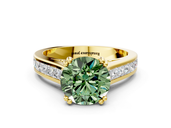 Yellow Gold Round Channel Set Solitaire Engagement Ring Setting for Fancy Green Center with Double Claw Prongs