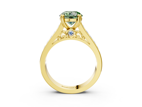 Yellow Gold Round Channel Set Solitaire Engagement Ring Setting for Fancy Green Center with Double Claw Prongs