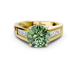 Yellow gold Fancy Green Round Cut Cut Channel Set Solitaire Ring with Four-Prong Setting