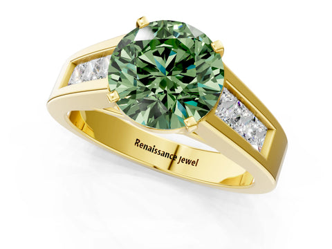 Yellow gold Fancy Green Round Cut Cut Channel Set Solitaire Ring with Four-Prong Setting_1