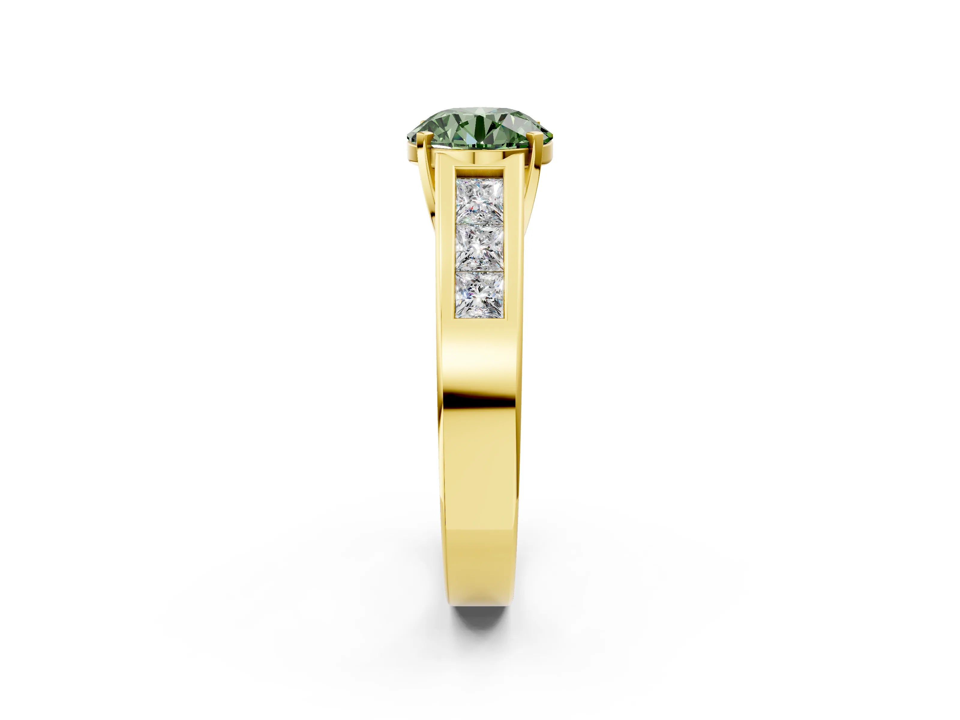 Yellow gold Fancy Green Round Cut Cut Channel Set Solitaire Ring with Four-Prong Setting_2