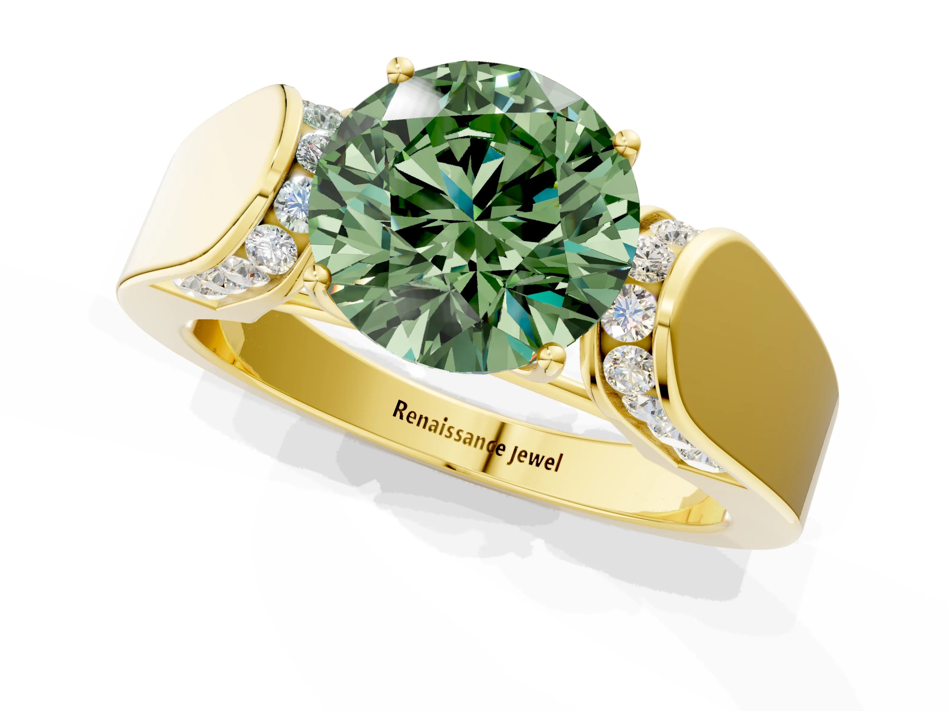 Yellow gold Fancy Green Round Cut Cut Diamond Channel Set Solitaire Ring with Four-Prong Setting_1