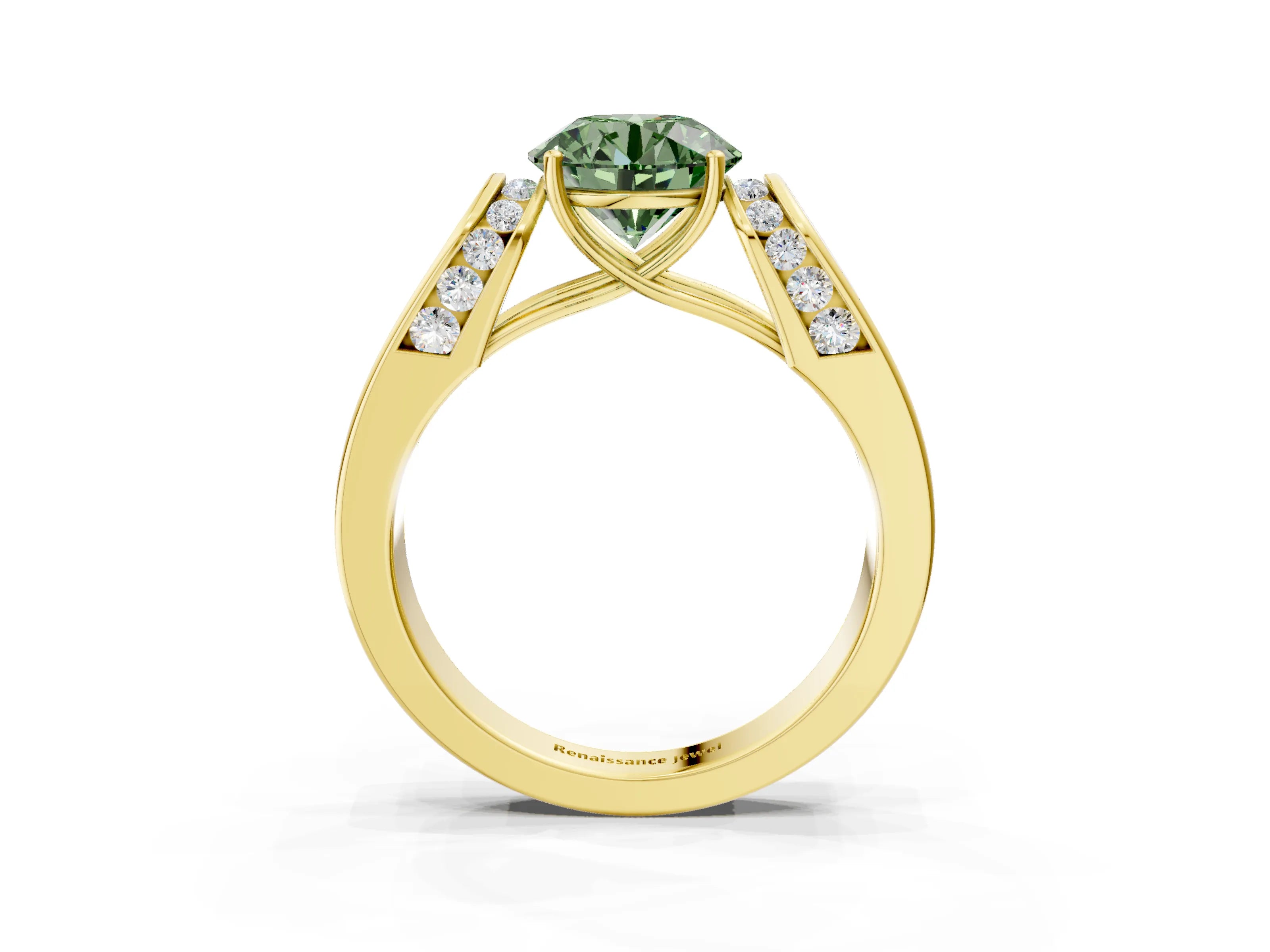 Yellow gold Fancy Green Round Cut Cut Diamond Channel Set Solitaire Ring with Four-Prong Setting_3