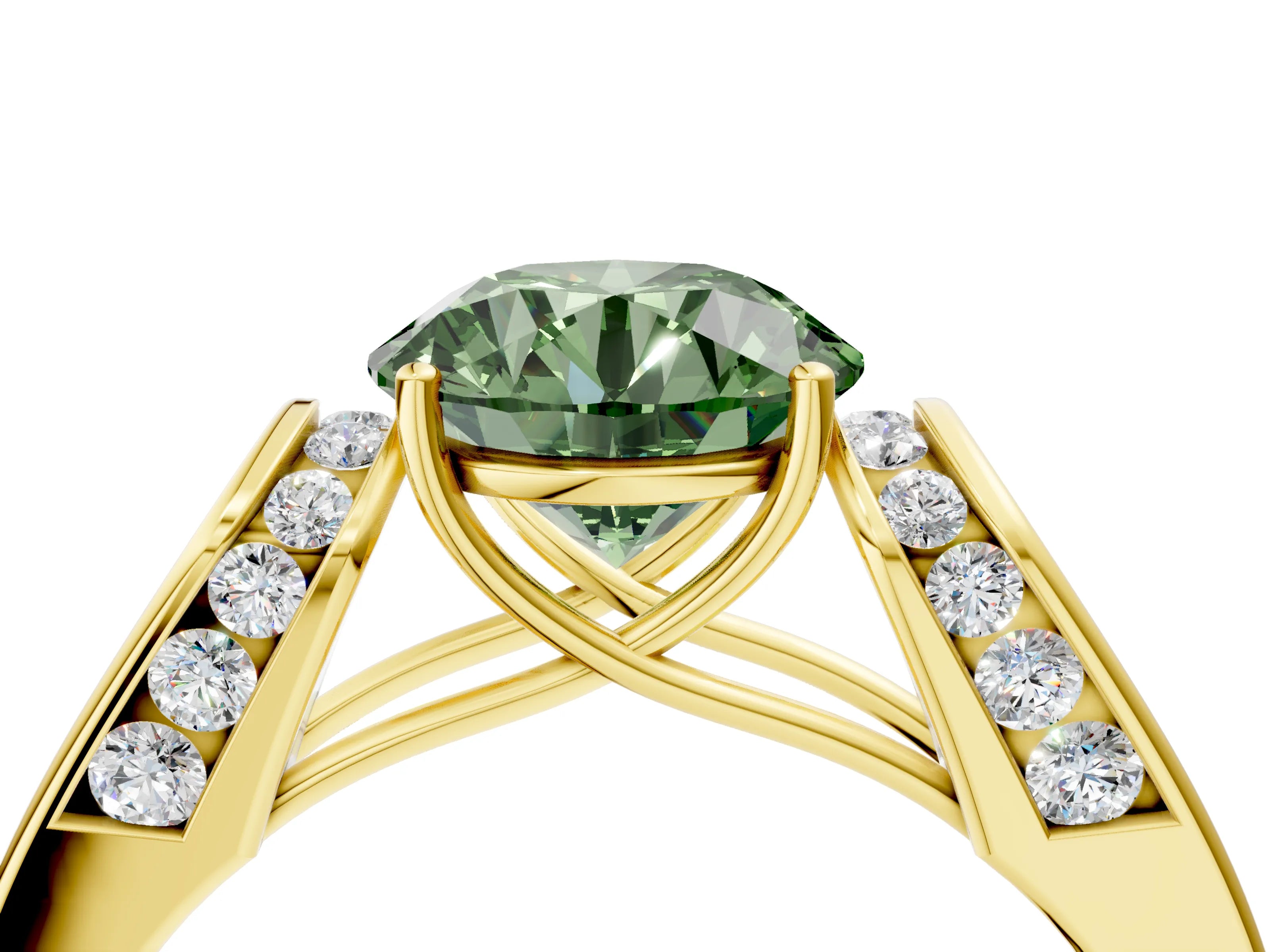 Yellow gold Fancy Green Round Cut Cut Diamond Channel Set Solitaire Ring with Four-Prong Setting_4