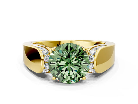 Yellow gold Fancy Green Round Cut Cut Diamond Channel Set Solitaire Ring with Four-Prong Setting
