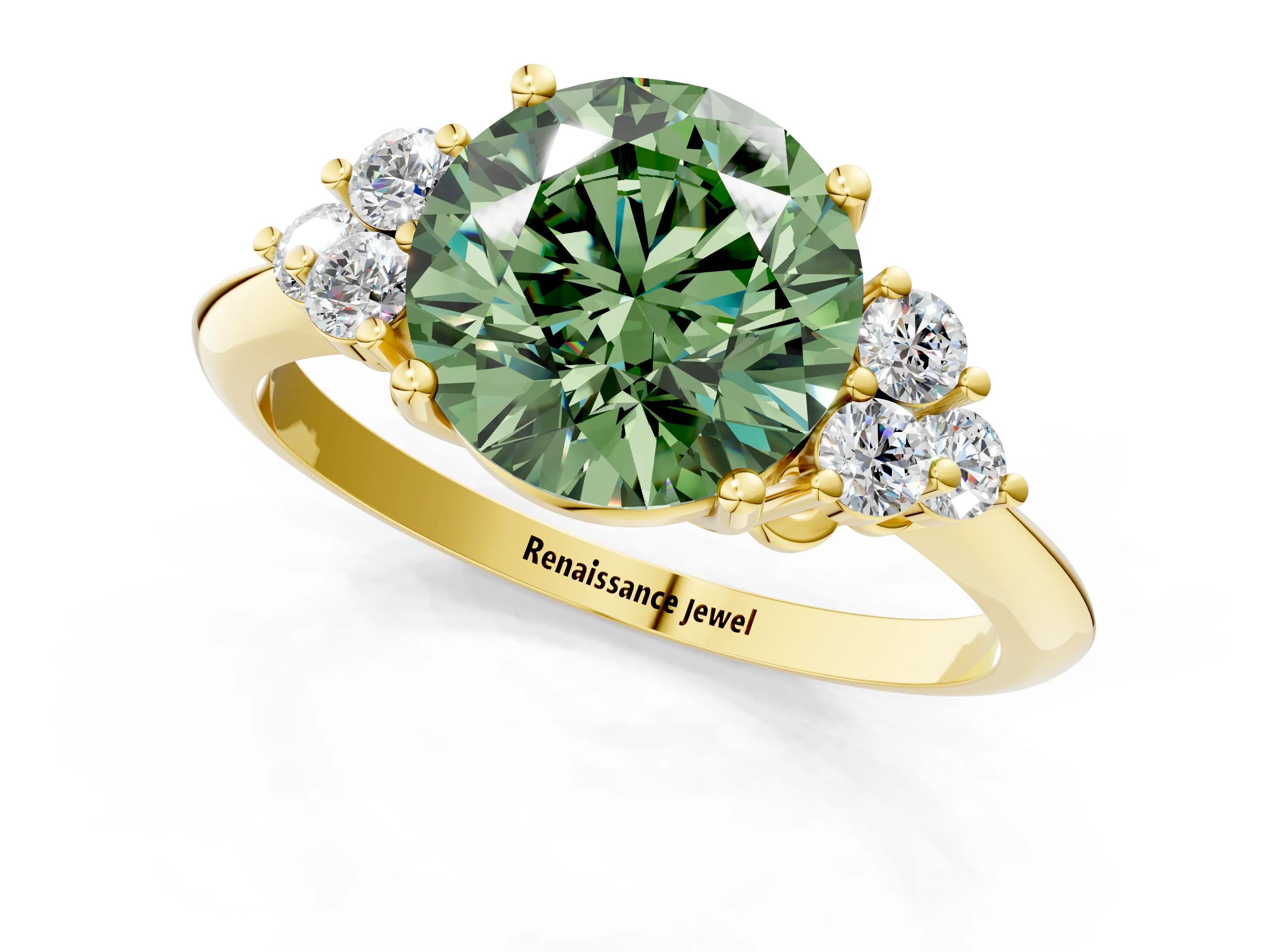 Yellow gold Fancy Green Round Cut Cut Diamond Cluster Ring with Solitaire Band and Four-Prong Setting_13