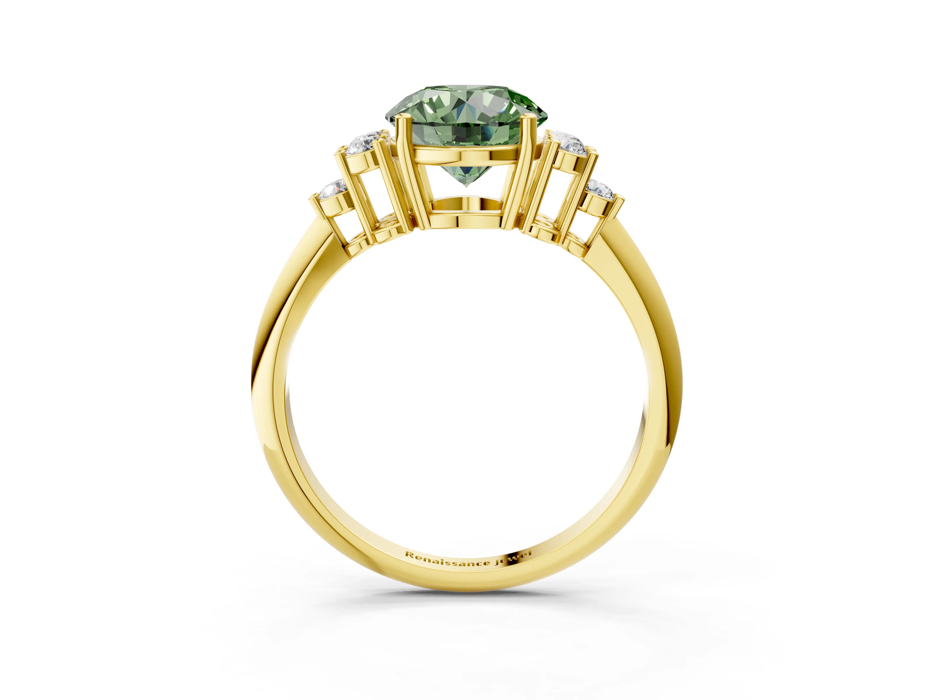 Yellow gold Fancy Green Round Cut Cut Diamond Cluster Ring with Solitaire Band and Four-Prong Setting_15