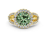 Yellow gold Fancy Green Round Cut Cut Diamond Halo Engagement Ring with Open Split Pavé Band