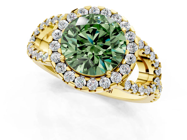 Yellow Gold Round Split Shank Pave Halo Engagement Ring Setting for Fancy Green Center