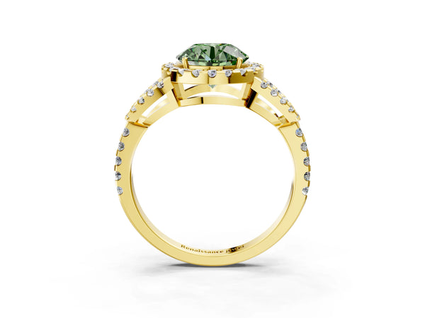 Yellow Gold Round Split Shank Pave Halo Engagement Ring Setting for Fancy Green Center