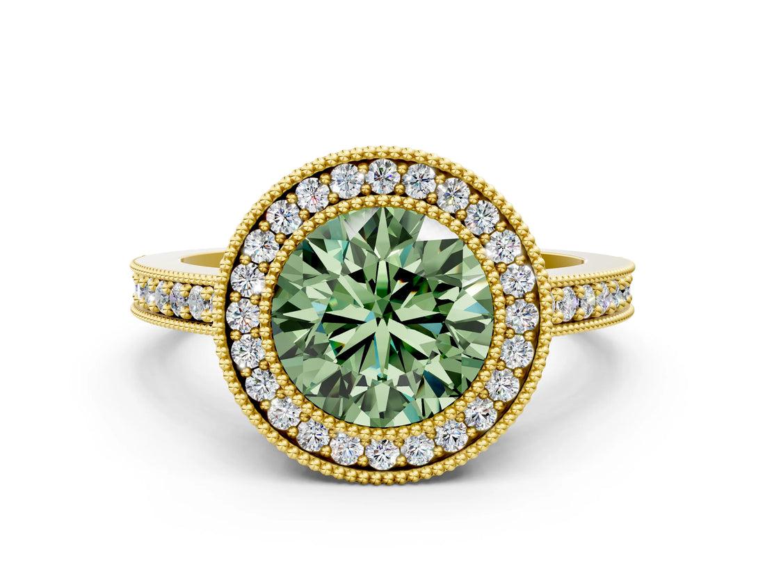 Yellow gold Fancy Green Round Cut-Cut Diamond Halo Engagement Ring with Pave Band and Prong Setting