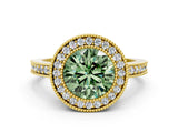Yellow gold Fancy Green Round Cut-Cut Diamond Halo Engagement Ring with Pave Band and Prong Setting