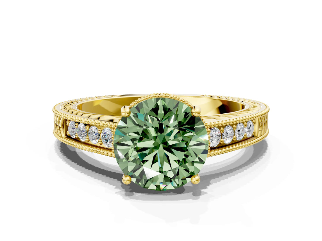 Yellow gold Fancy Green Round Cut Cut Diamond Milgrain Pave Band Four-Prong Setting Ring_3