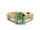 Yellow gold Fancy Green Round Cut Cut Diamond Milgrain Pave Band Four-Prong Setting Ring_3