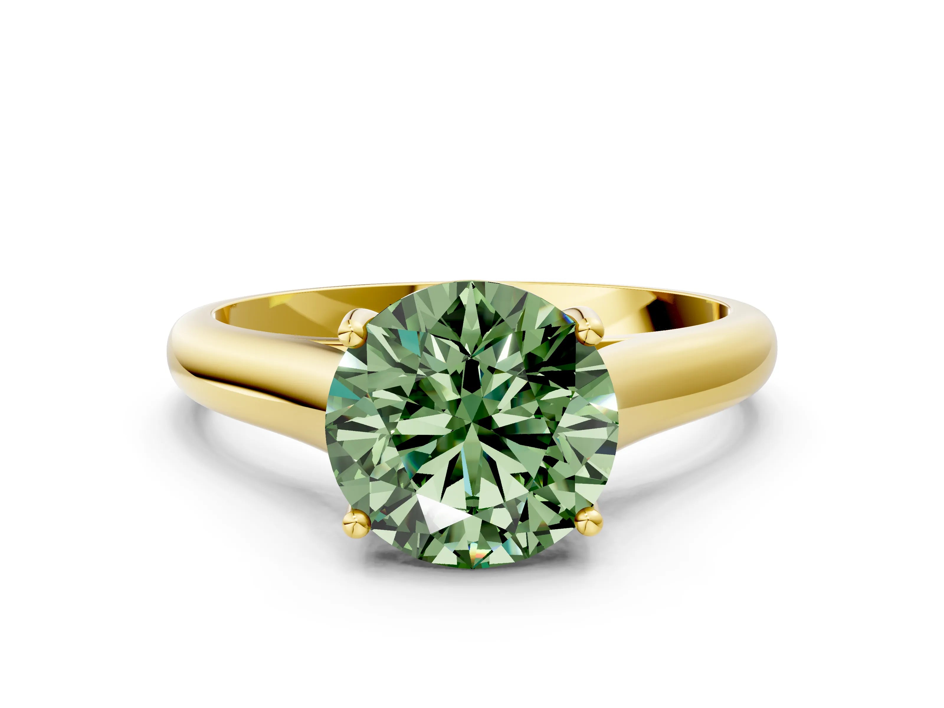 Yellow gold Fancy Green Round Cut Cut Diamond Solitaire Engagement Ring with Tapered Plain Band and Four-Prong Setting