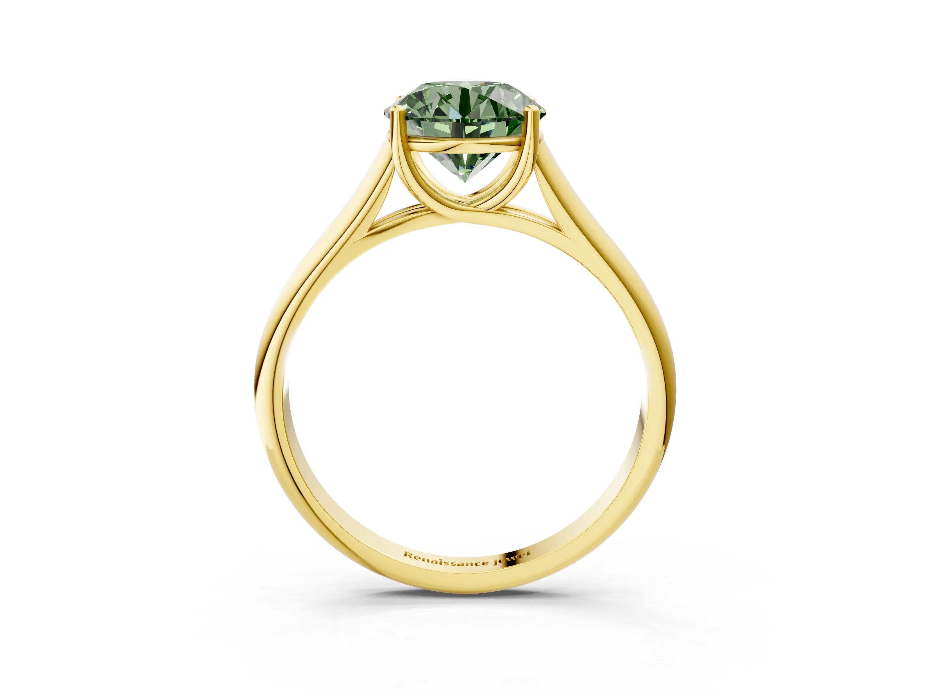 Yellow gold Fancy Green Round Cut Cut Diamond Solitaire Engagement Ring with Tapered Plain Band and Four-Prong Setting_3