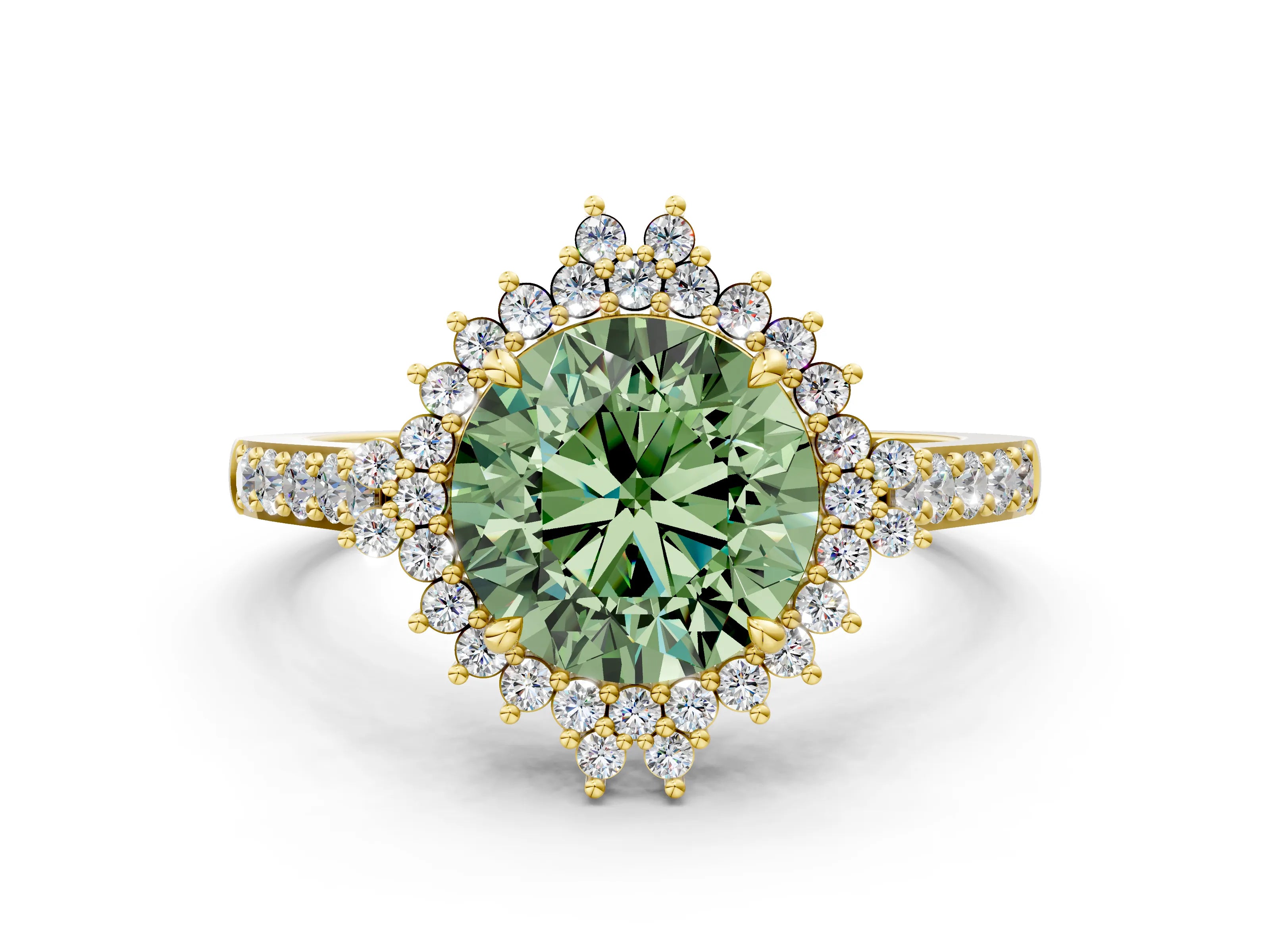 Yellow gold Fancy Green Round Cut Cut Diamond Sunburst Halo Engagement Ring with Pavé Band