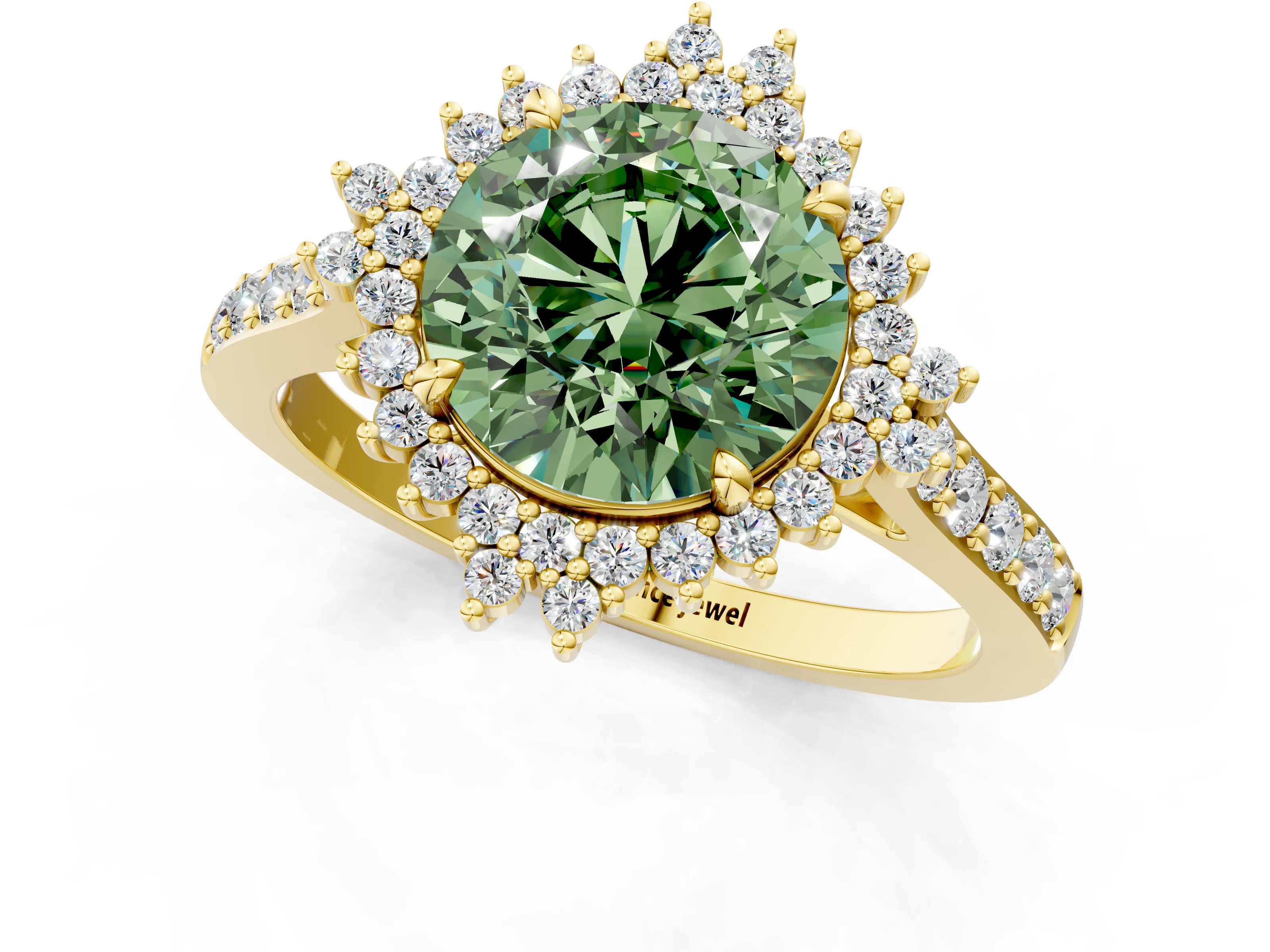 Yellow gold Fancy Green Round Cut Cut Diamond Sunburst Halo Engagement Ring with Pavé Band_1