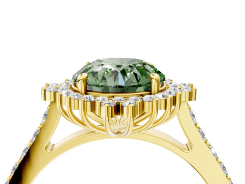 Yellow gold Fancy Green Round Cut Cut Diamond Sunburst Halo Engagement Ring with Pavé Band_4
