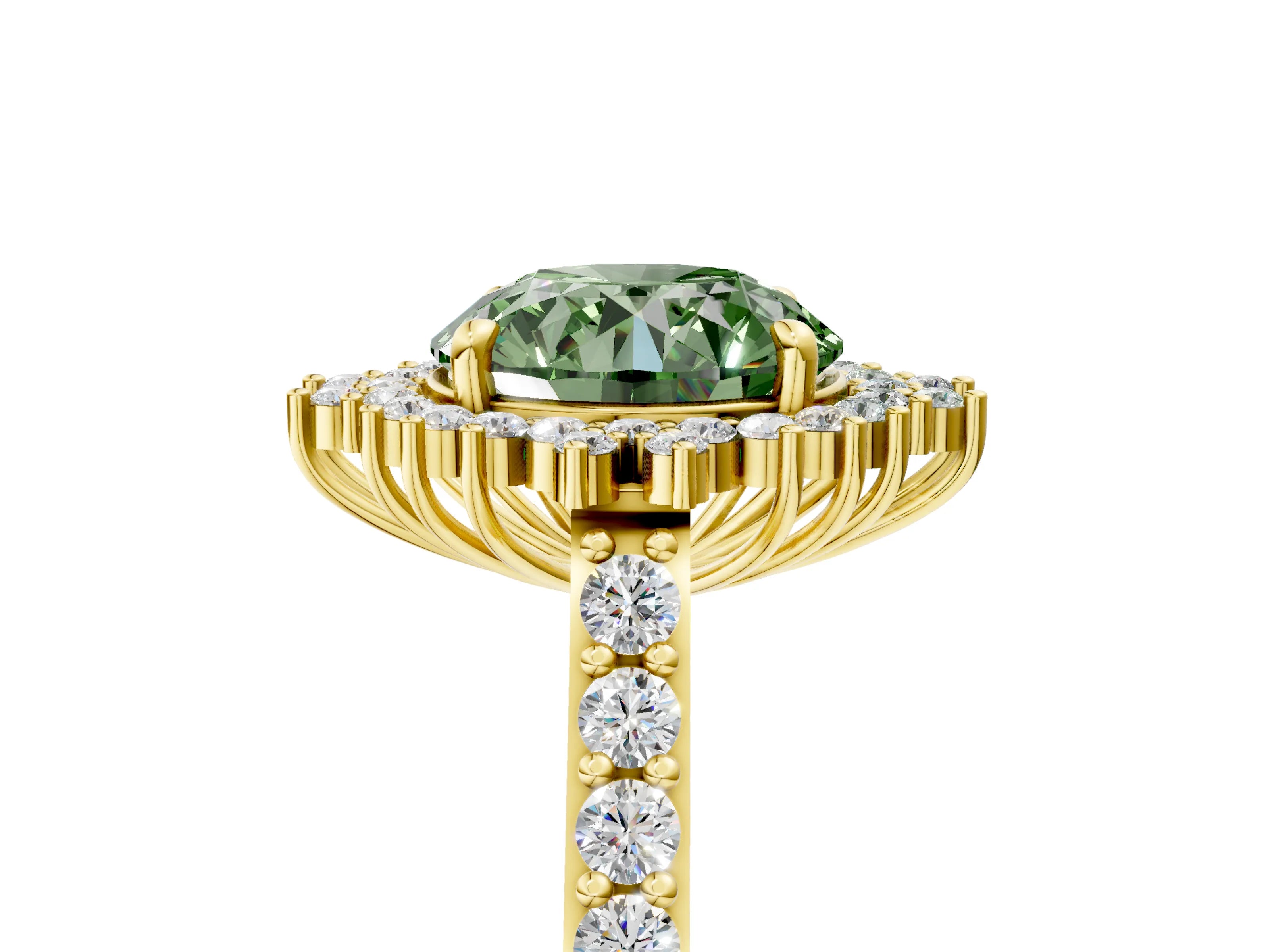 Yellow gold Fancy Green Round Cut Cut Diamond Sunburst Halo Engagement Ring with Pavé Band_5