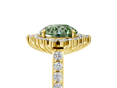 Yellow gold Fancy Green Round Cut Cut Diamond Sunburst Halo Engagement Ring with Pavé Band_5
