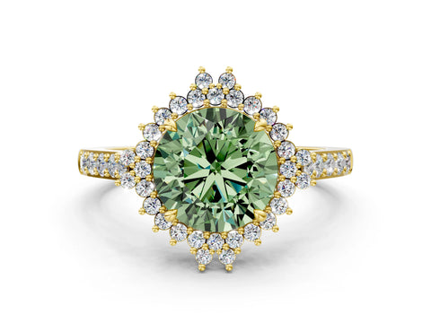 Yellow gold Fancy Green Round Cut Cut Diamond Sunburst Halo Engagement Ring with Pavé Band