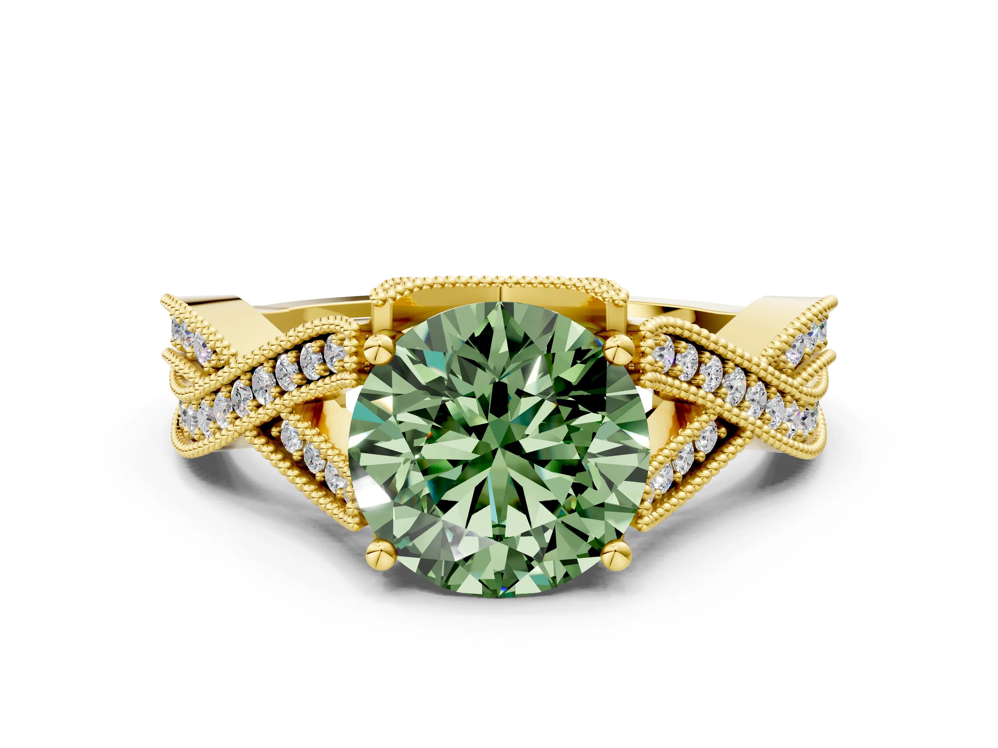 Yellow gold Fancy Green Round Cut Cut Diamond Twisted Band with Milgrain Pave Setting and Four-Prong Setting