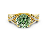 Yellow gold Fancy Green Round Cut Cut Diamond Twisted Band with Milgrain Pave Setting and Four-Prong Setting