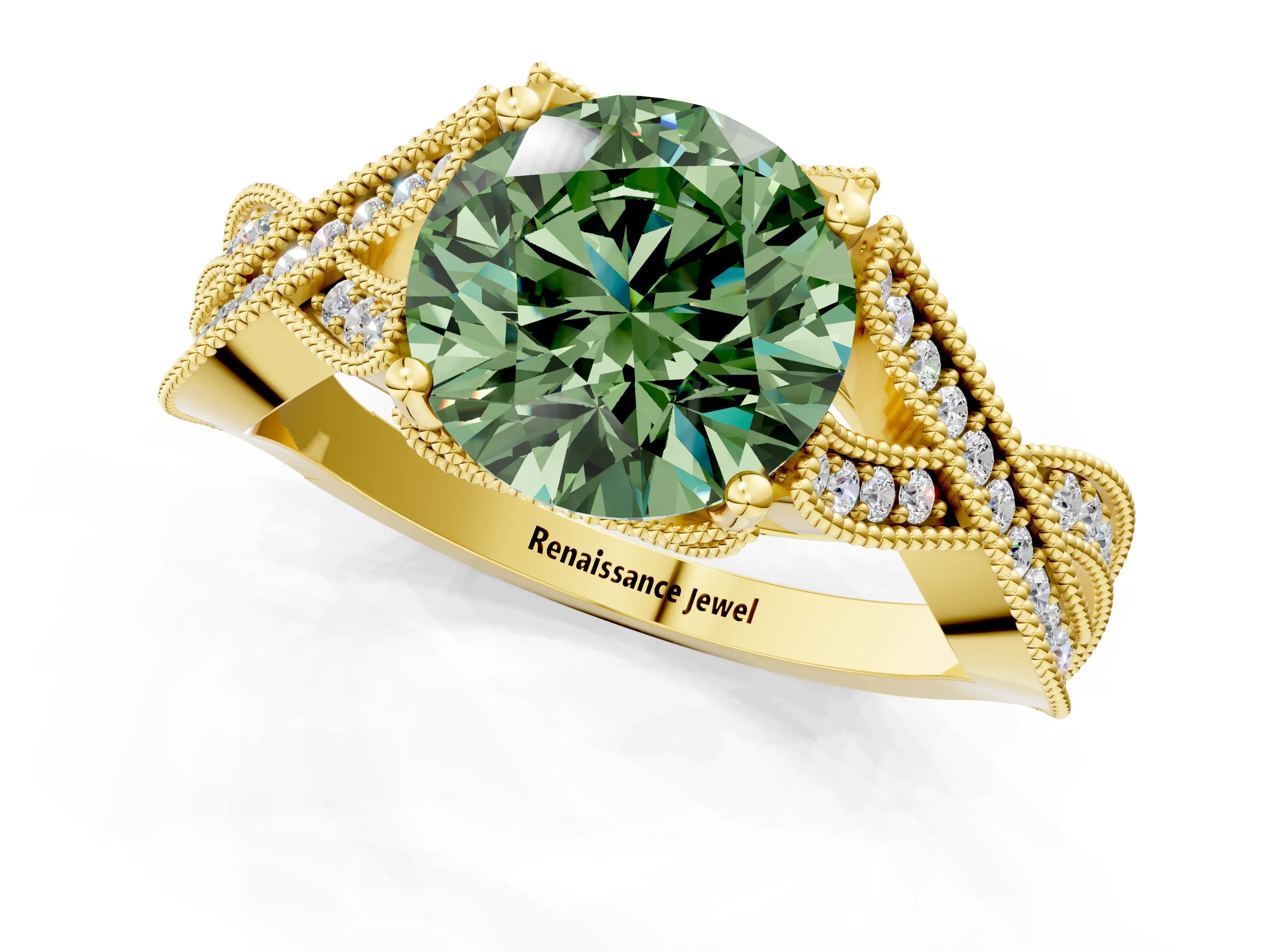 Yellow gold Fancy Green Round Cut Cut Diamond Twisted Band with Milgrain Pave Setting and Four-Prong Setting_1
