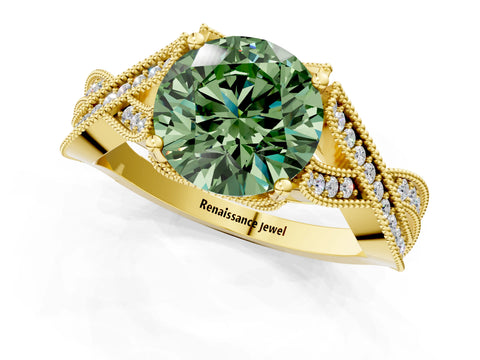 Yellow gold Fancy Green Round Cut Cut Diamond Twisted Band with Milgrain Pave Setting and Four-Prong Setting_1