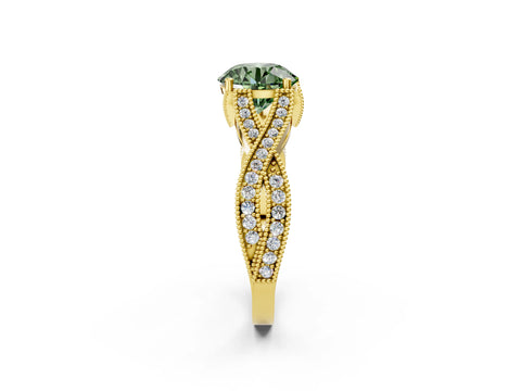 Yellow gold Fancy Green Round Cut Cut Diamond Twisted Band with Milgrain Pave Setting and Four-Prong Setting_2