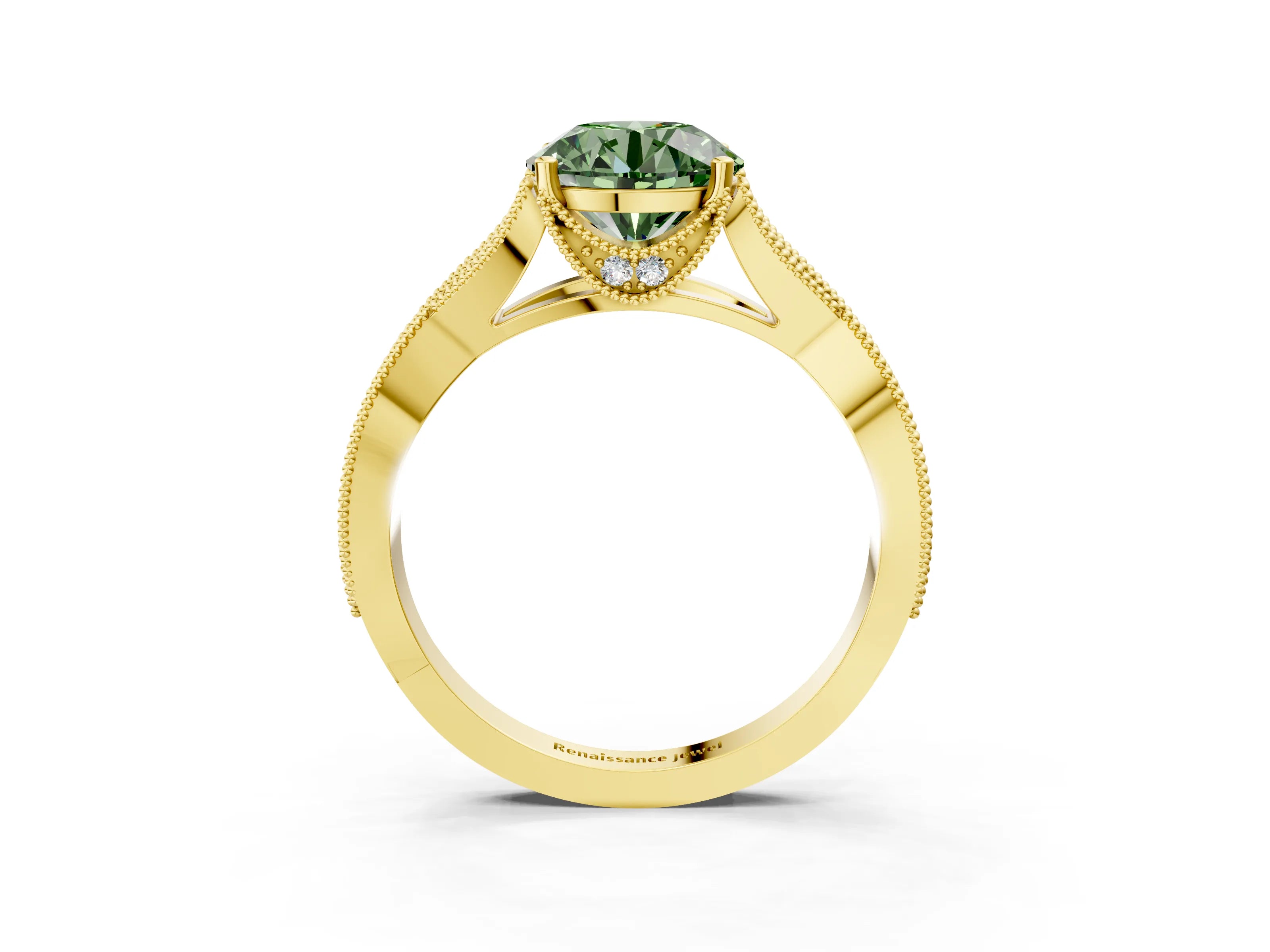Yellow gold Fancy Green Round Cut Cut Diamond Twisted Band with Milgrain Pave Setting and Four-Prong Setting_3