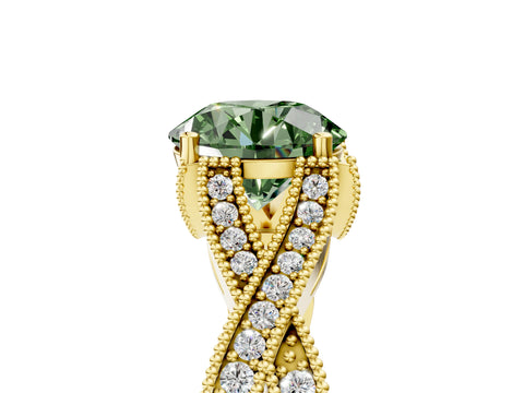 Yellow gold Fancy Green Round Cut Cut Diamond Twisted Band with Milgrain Pave Setting and Four-Prong Setting_5