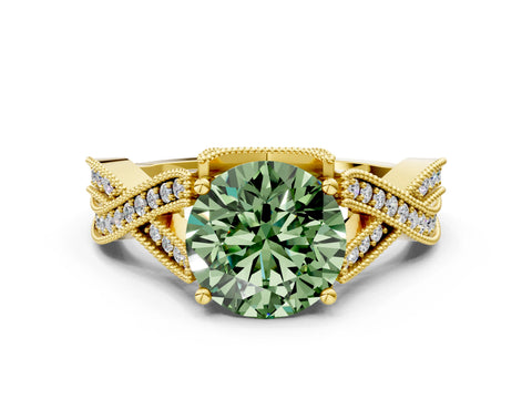 Yellow gold Fancy Green Round Cut Cut Diamond Twisted Band with Milgrain Pave Setting and Four-Prong Setting