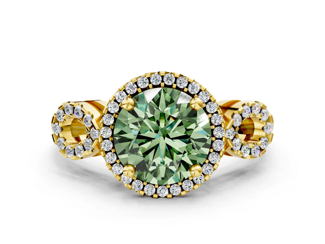 Yellow gold Fancy Green Round Cut Cut Halo Diamond Infinity Band with Four-Prong Setting