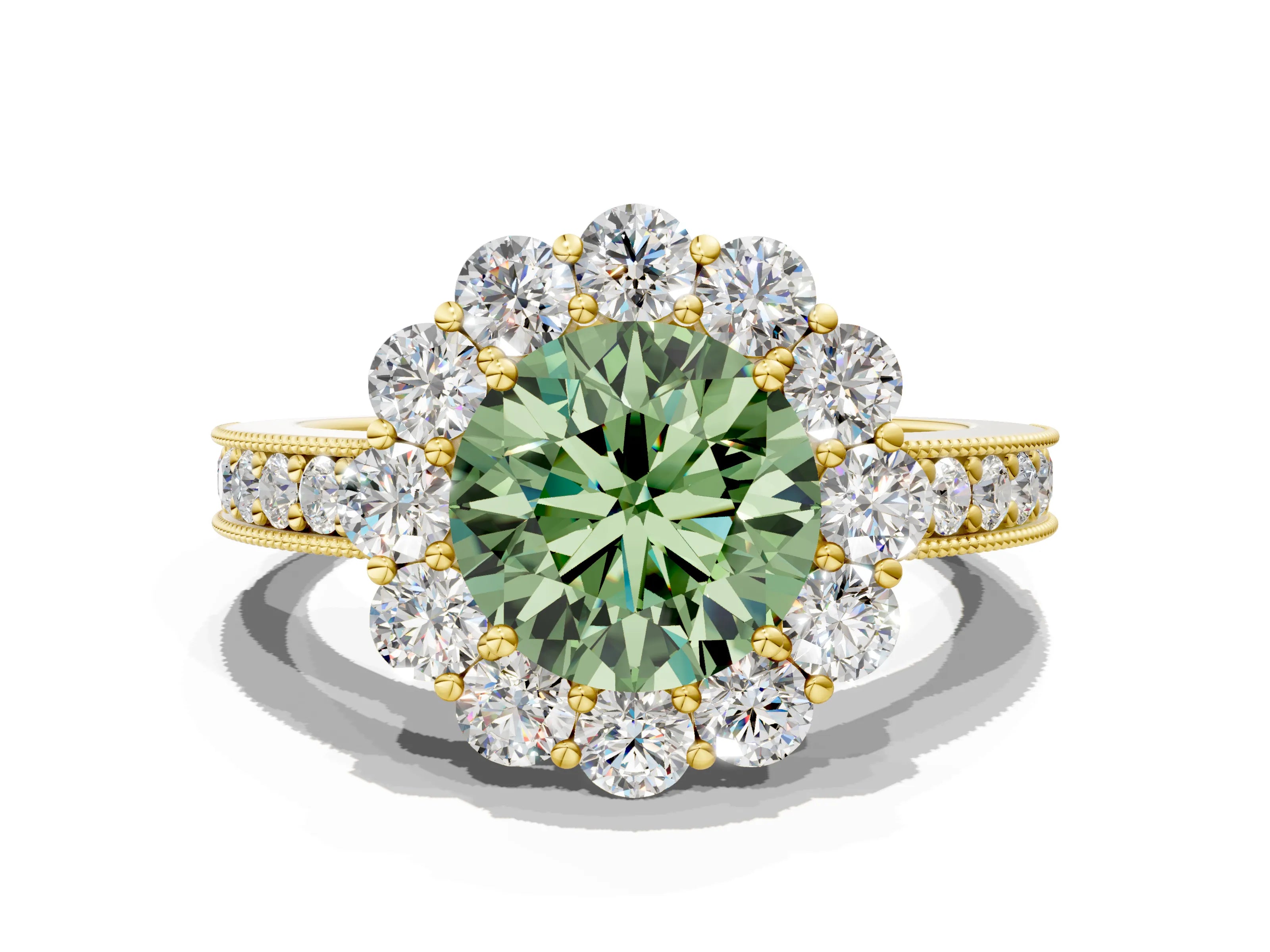 Yellow gold Fancy Green Round Cut Cut Halo Diamond Pavé Engagement Ring with Milgrain Detailing