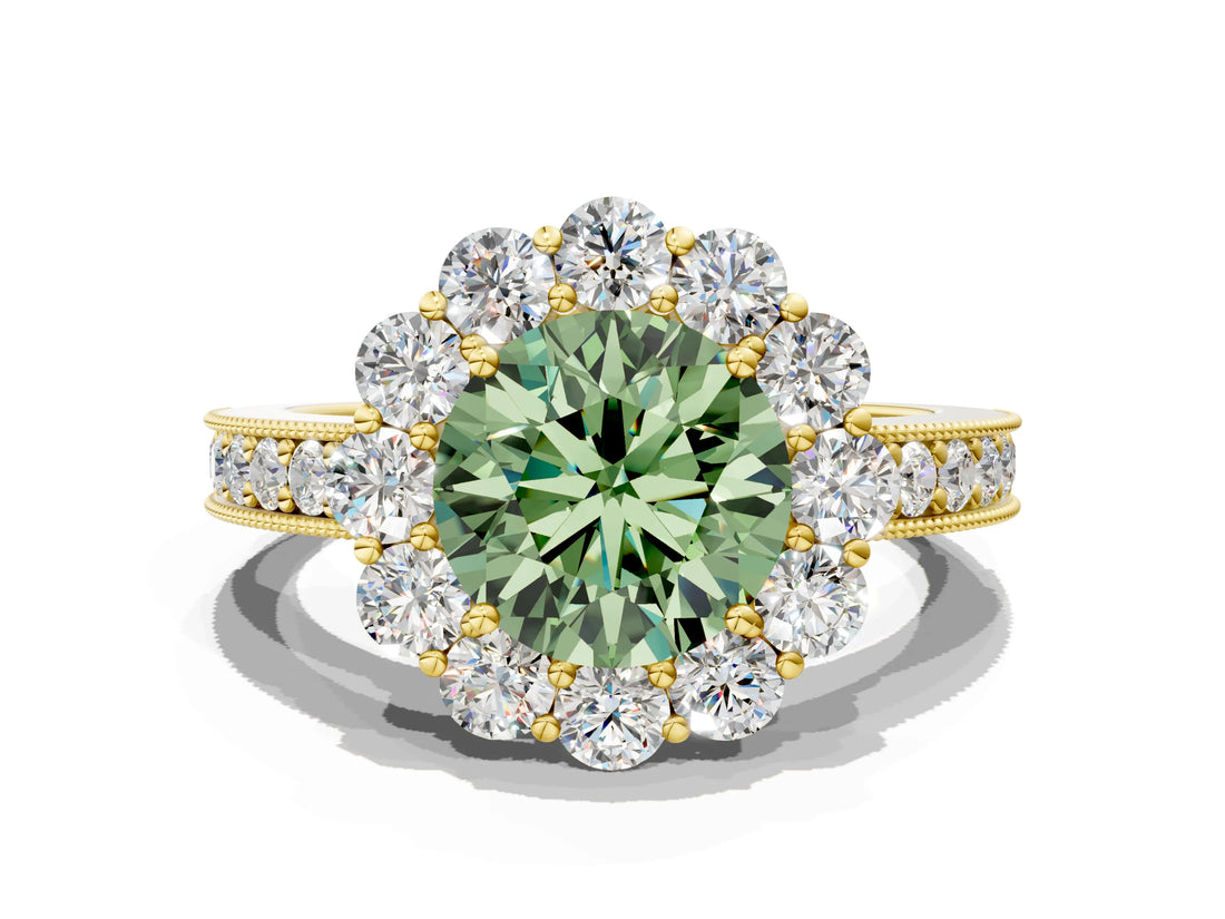 Yellow gold Fancy Green Round Cut Cut Halo Diamond Pavé Engagement Ring with Milgrain Detailing