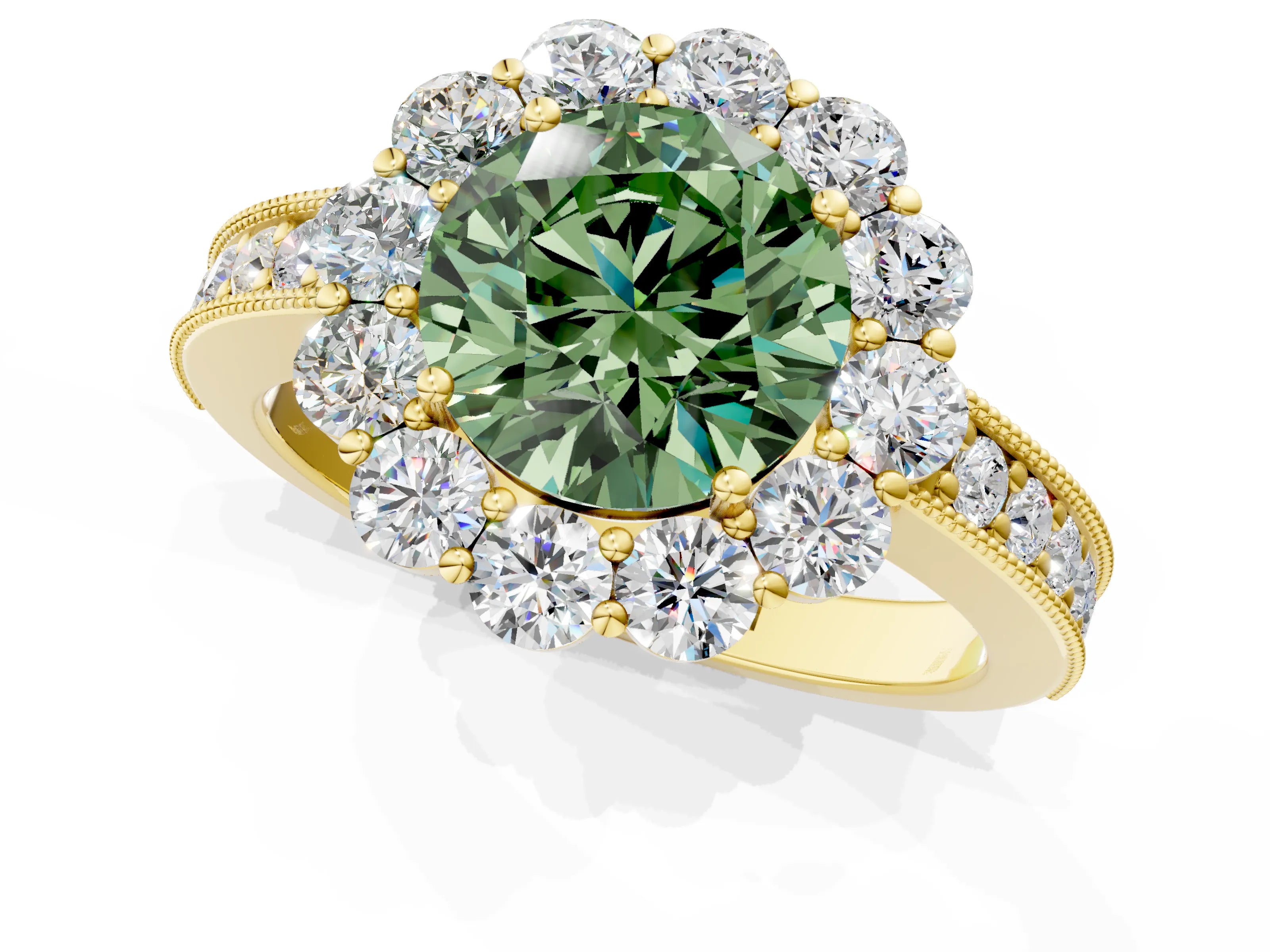 Yellow gold Fancy Green Round Cut Cut Halo Diamond Pavé Engagement Ring with Milgrain Detailing_1