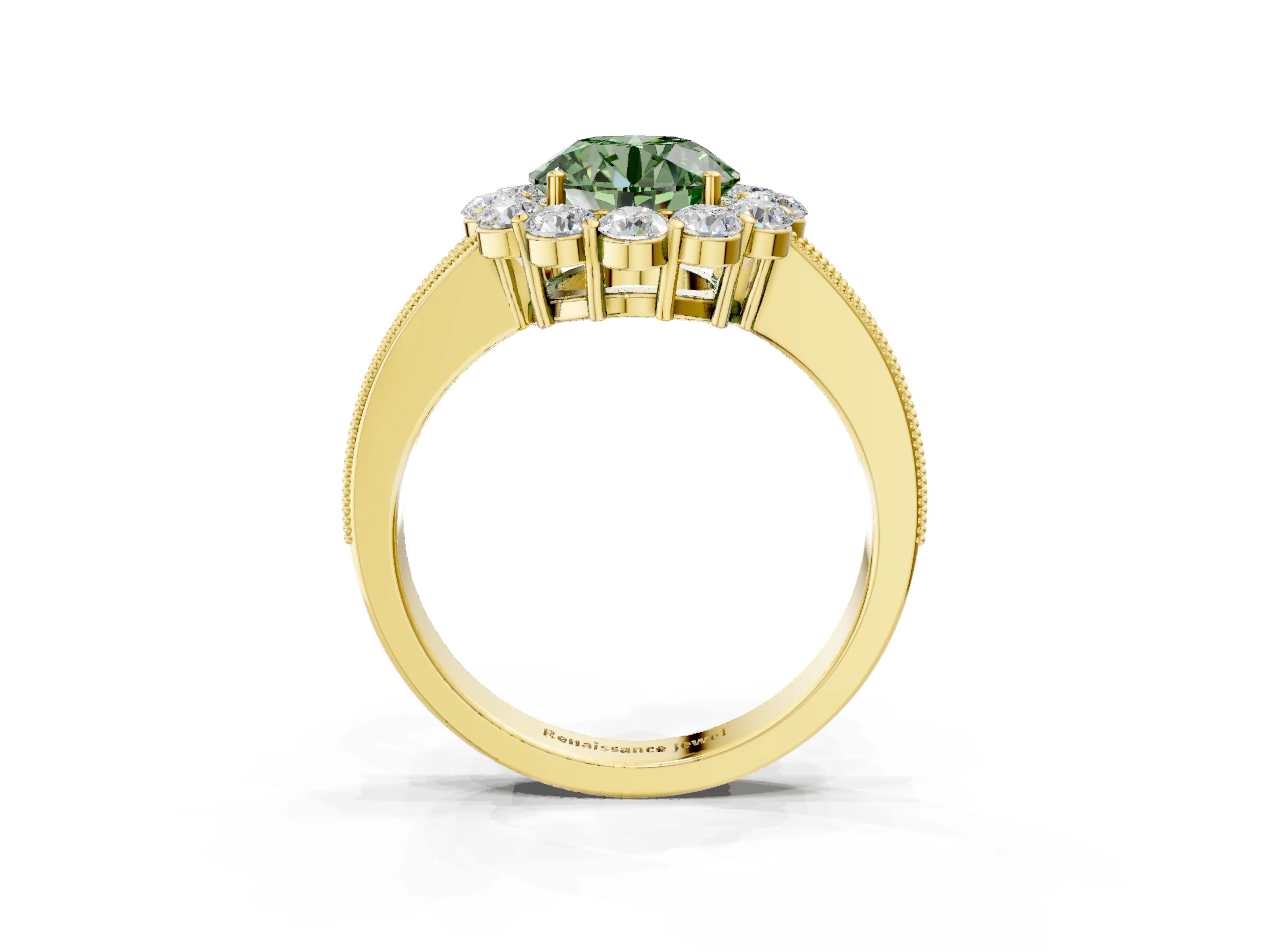Yellow gold Fancy Green Round Cut Cut Halo Diamond Pavé Engagement Ring with Milgrain Detailing_3