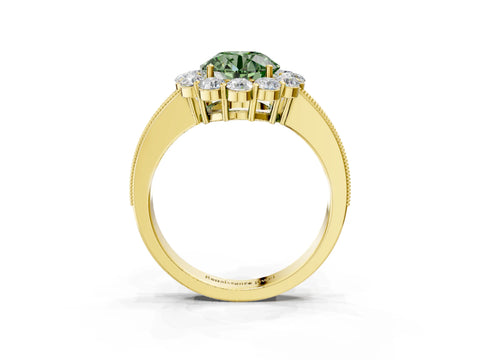 Yellow gold Fancy Green Round Cut Cut Halo Diamond Pavé Engagement Ring with Milgrain Detailing_3