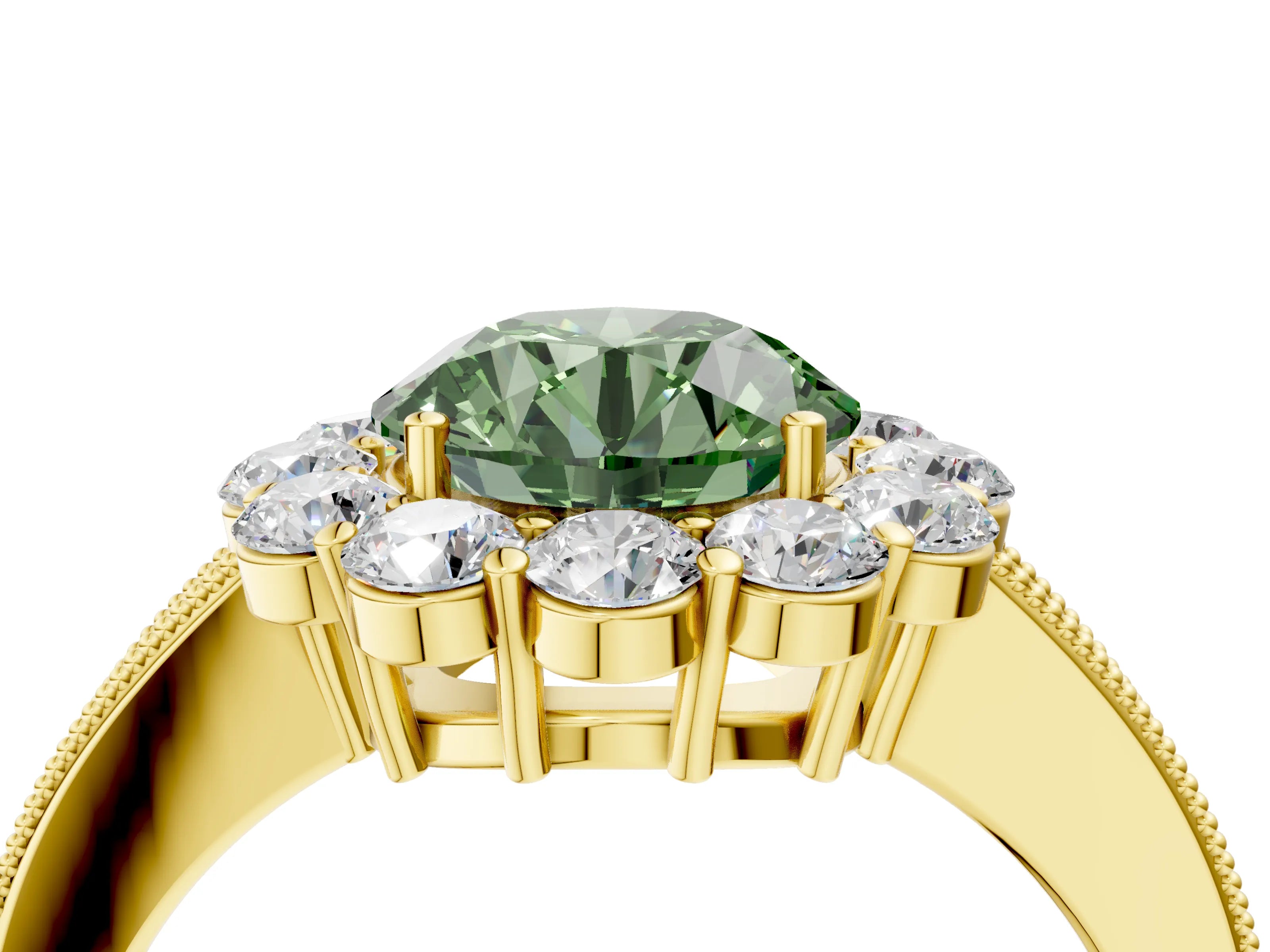 Yellow gold Fancy Green Round Cut Cut Halo Diamond Pavé Engagement Ring with Milgrain Detailing_4