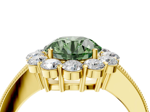 Yellow gold Fancy Green Round Cut Cut Halo Diamond Pavé Engagement Ring with Milgrain Detailing_4