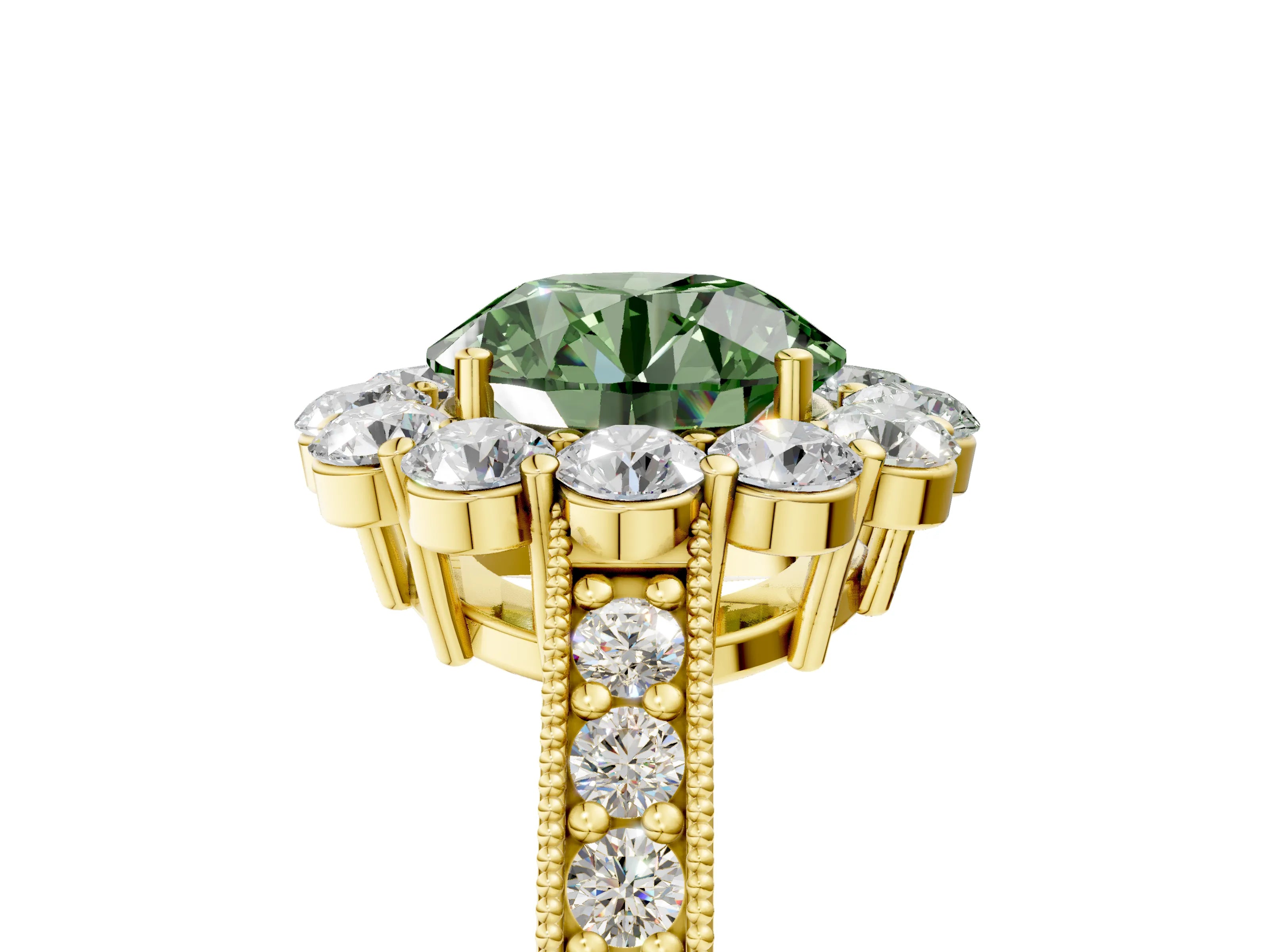 Yellow gold Fancy Green Round Cut Cut Halo Diamond Pavé Engagement Ring with Milgrain Detailing_5